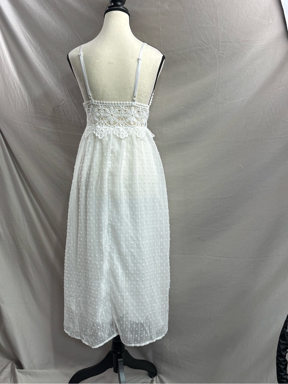 Boho White Swiss Dot Midi Dress with Crochet Lace Waist - Picture 12 of 13